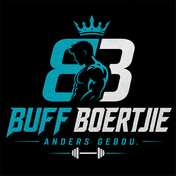Buff Boertjie brand logo — BB monogram with crown and dumbbell, tagline Anders Gebou