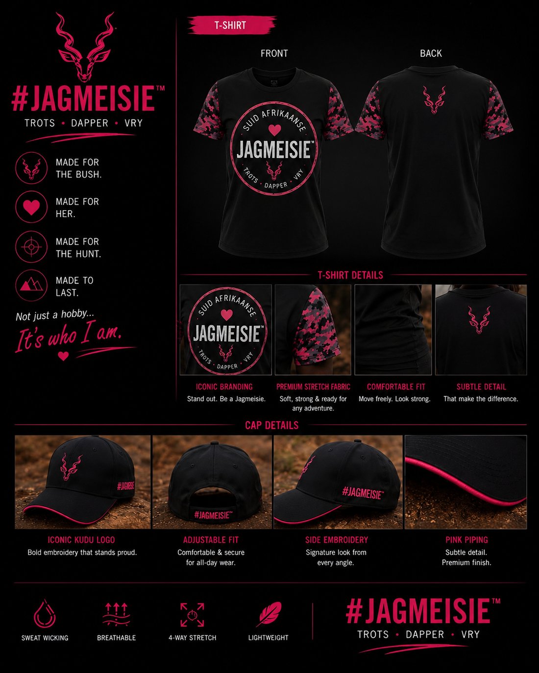 Completed project for #JAGMEISIE — branded t-shirts with camo sleeves and embroidered caps
