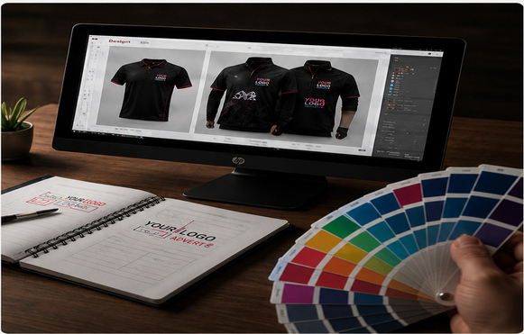 Designer working on apparel mockups with colour swatches
