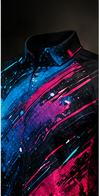 Sublimation printed shirt with vibrant blue and pink design